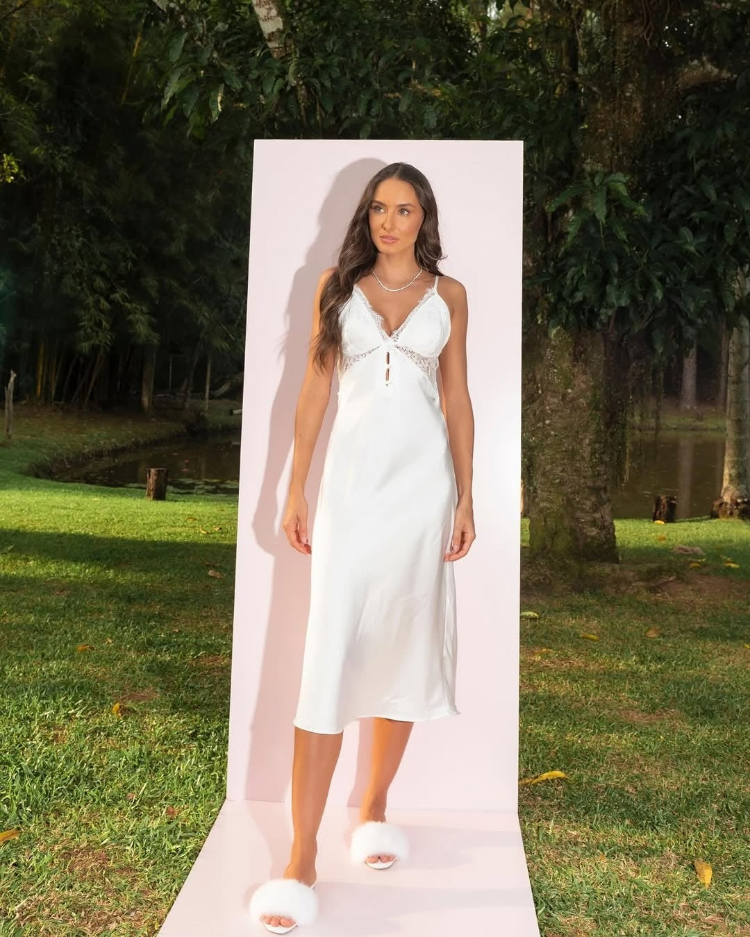 Lune Blanche Midi Robe – Satin with Feathers & Pearl Details