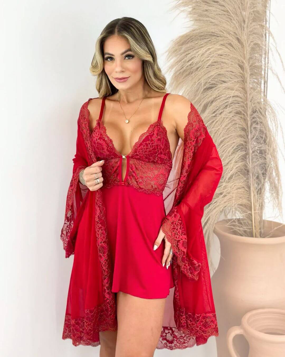 Imperial Rouge Set – Chemise + Panties + Robe in Tulle and Lace