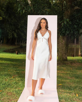 Lune Blanche Midi Robe – Satin with Feathers & Pearl Details