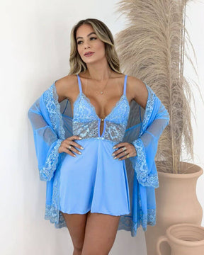 Bleu de France Set – Chemise + Panties + Robe in Tulle and Lace