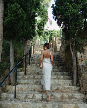 Lune Blanche Midi Robe – Satin with Feathers & Pearl Details